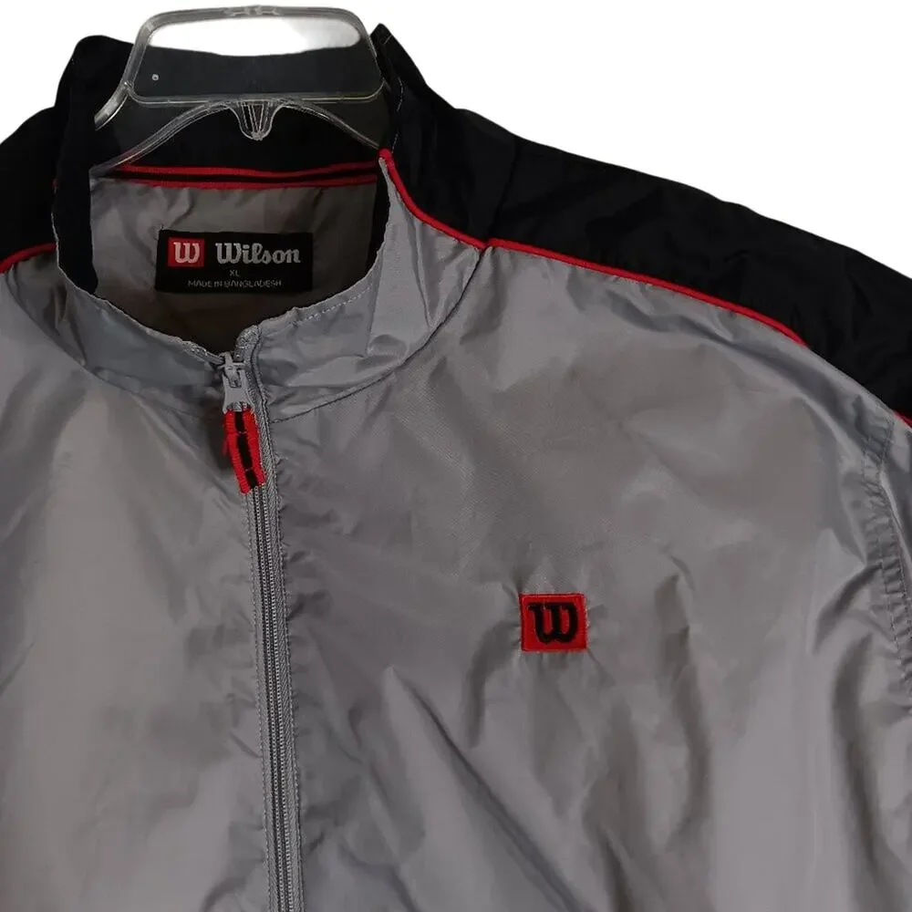 Wilson Vintage Windbreaker Jacket‎ Mens XL Gray/Black Nylon Logo Tennis Y2K Zip